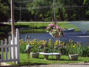 Garden view with pond and fountain.