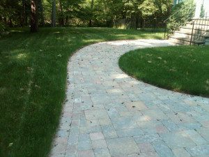 Curved stone path through grassy yard area.