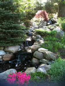 Rocky garden waterfall with vibrant flowers.
