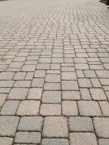 Brick pathway with interlocking square pattern.