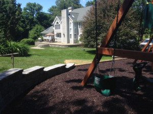 A swing set in the middle of a yard.